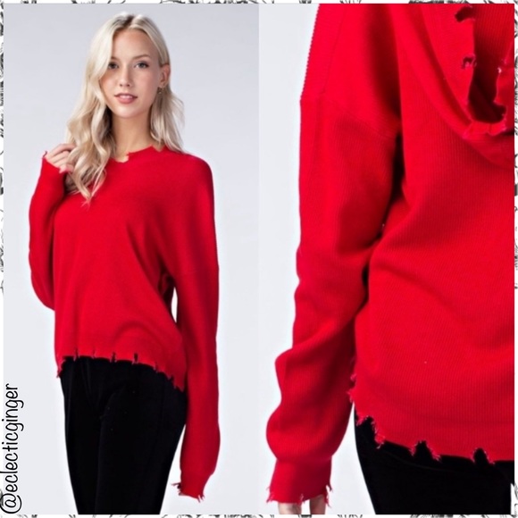 Red distressed & frayed edge hooded long sleeve sweater Medium M Large L hoodie - Picture 4 of 7